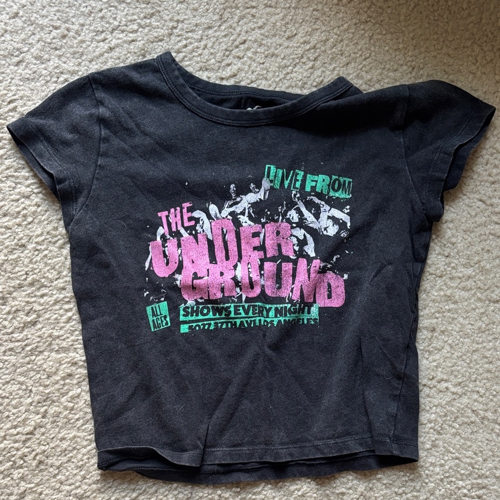 Hollister Black Graphic Tee with Pink and Green Accents